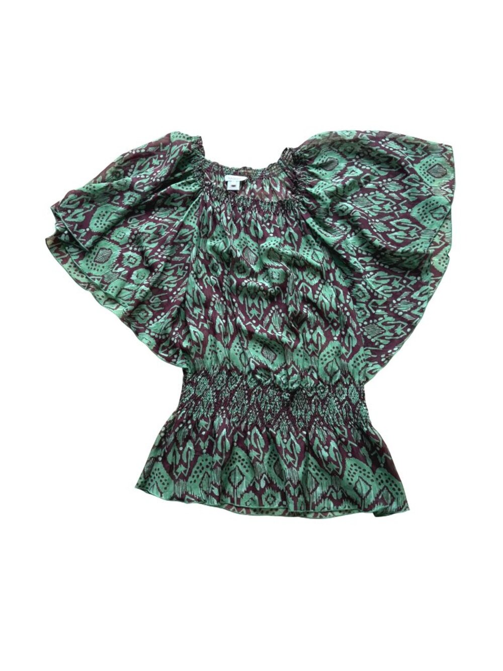 Sundance Women's Smocked Blouse S Silk Green Ikat Print Flutter Sleeve Y2K Boho